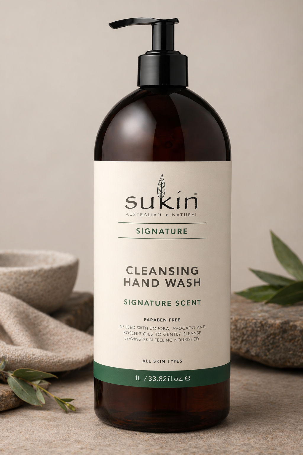Sukin cleansing hand wash bottle on a neutral background