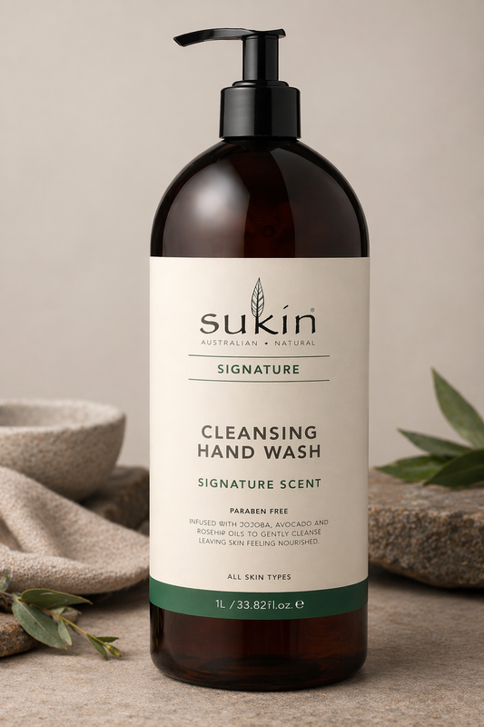 Sukin cleansing hand wash bottle on a neutral background